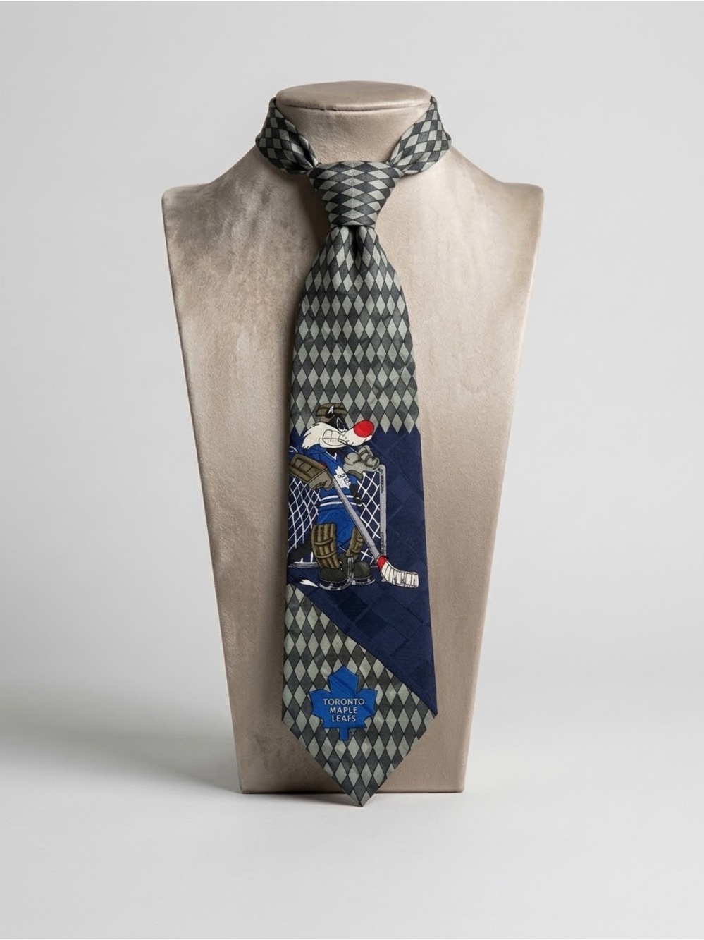 Vintage 1990s Warner Bros. Toronto Maple Leafs Gray & Navy Hockey Tie